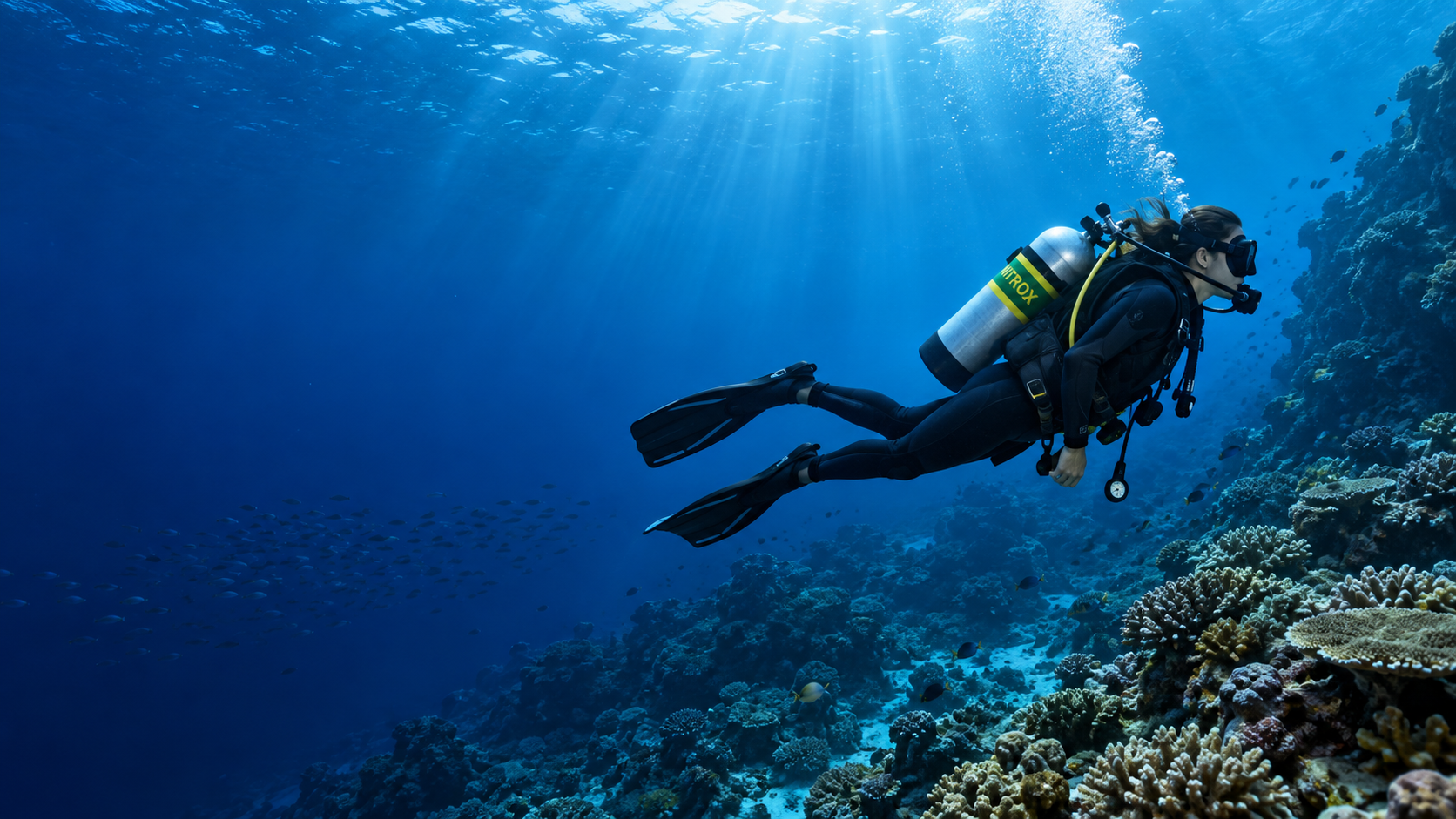 Scuba diver using an enriched-air Nitrox cylinder above a coral reef